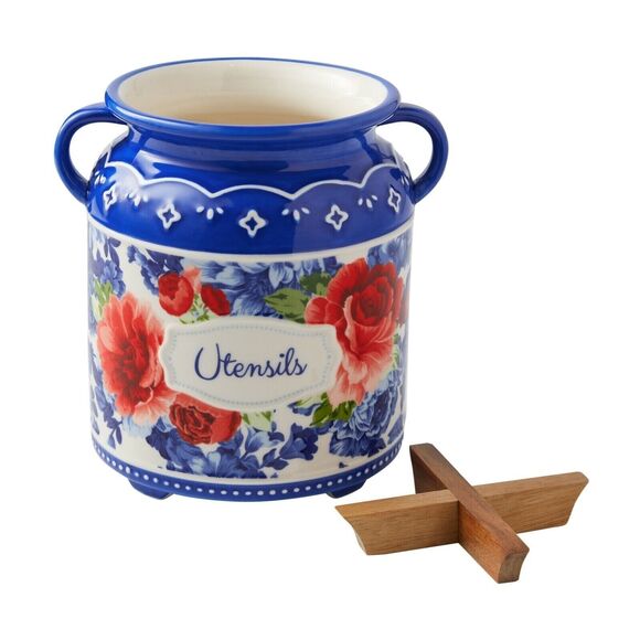Pioneer Woman Heritage Floral Utensil Crock Blue Red Stoneware Wood Insert - Picture 1 of 4